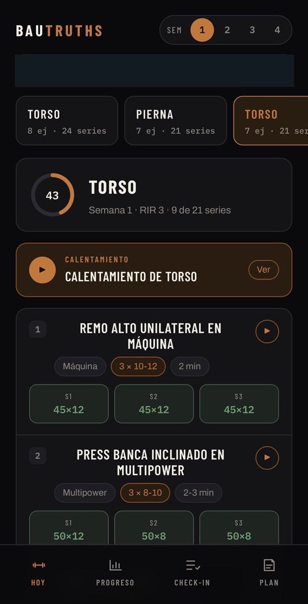 La app de BAUTRUTHS: el entrenamiento del día con series, repeticiones, descansos y los pesos registrados